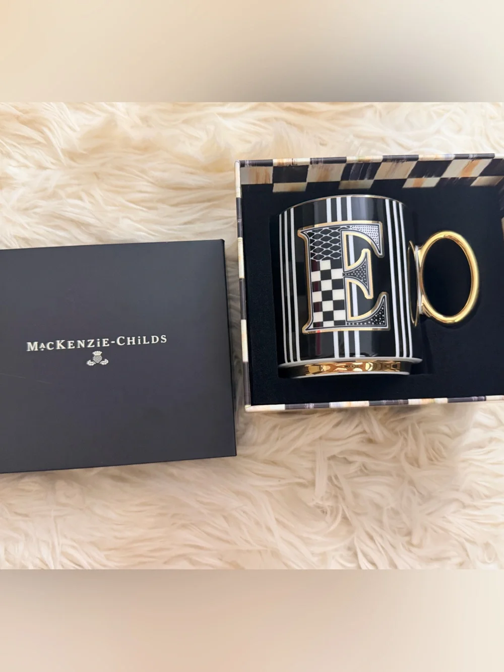 MacKenzie-Childs Black & Gold Monogram 'E' Mug